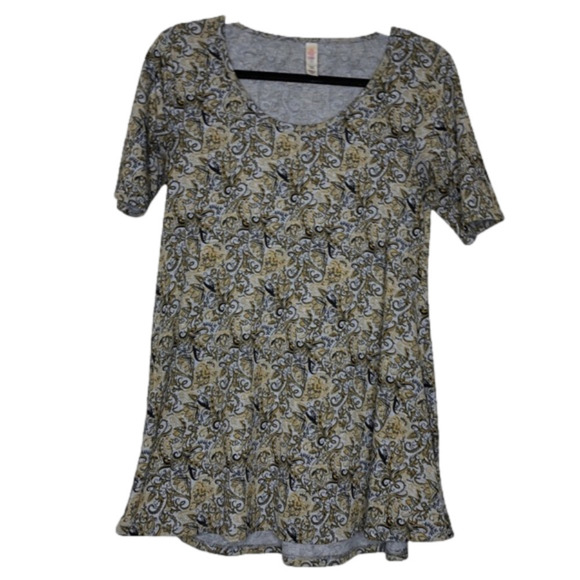 𝅺lularoe Perfect T Yellow, Black & Gray Scoop Neck Short Sleeve Top - Size XXS - Picture 1 of 5